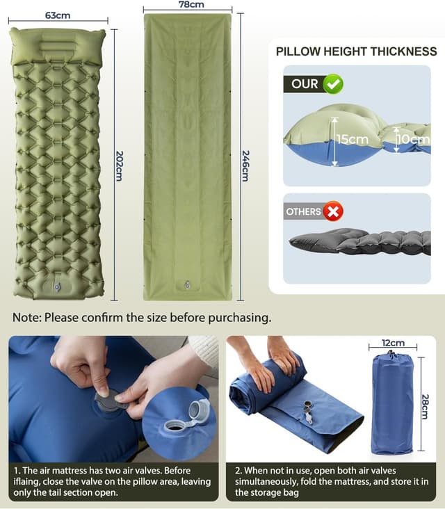 Detalle de DoXtreme selbstaufblasende Isomatte Luftmatratze 2-in-1 (195x66x10 cm) für Camping, Wandern & Reise