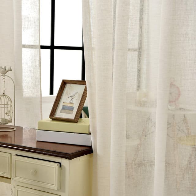 Detalle de WOLTU Leinenvorhang mit Kräuselband, cremefarben, transparent, 140 x 245 cm