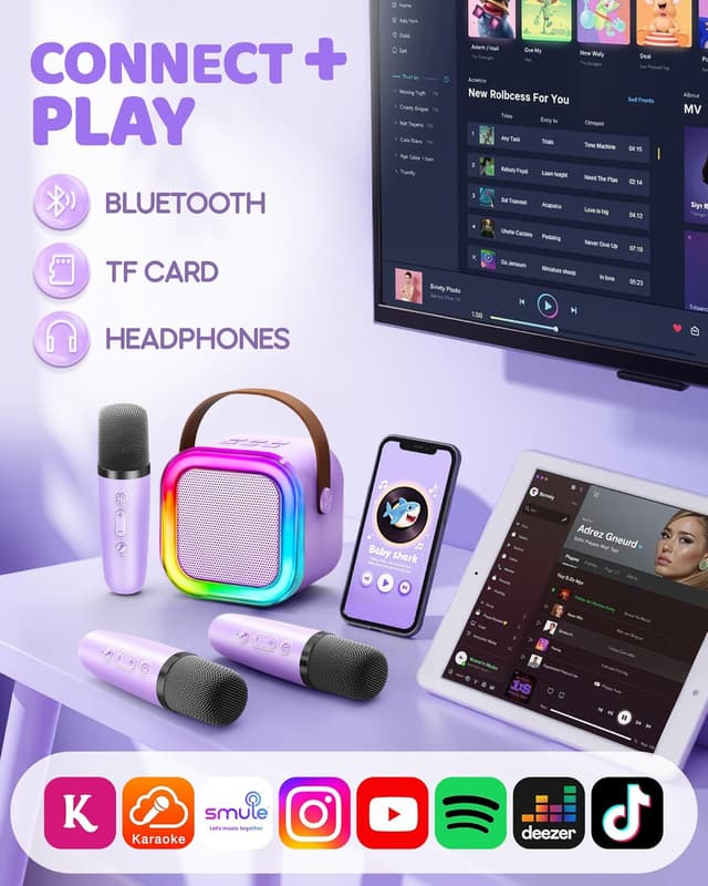 Detalle 2 de Kinder-Karaoke Maschine (3–12 Jahre) mit 2 Mikrofonen – violett, Bluetooth & TF-Karte