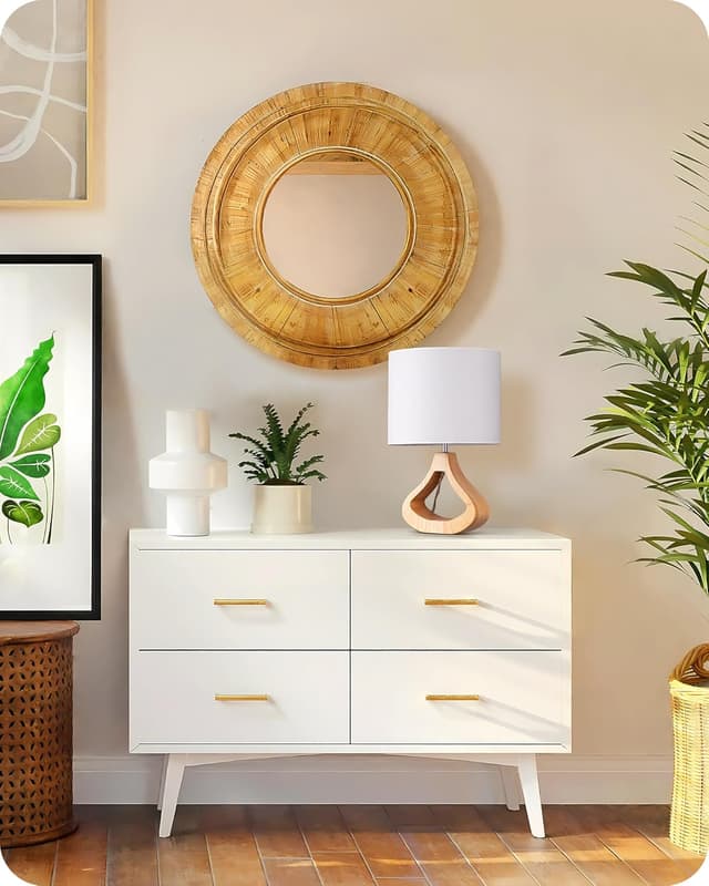 Detalle de EDISHINE Nachttischlampe aus Holz mit Leinen-Schirm und E27-Fassung, 34 cm, weiß