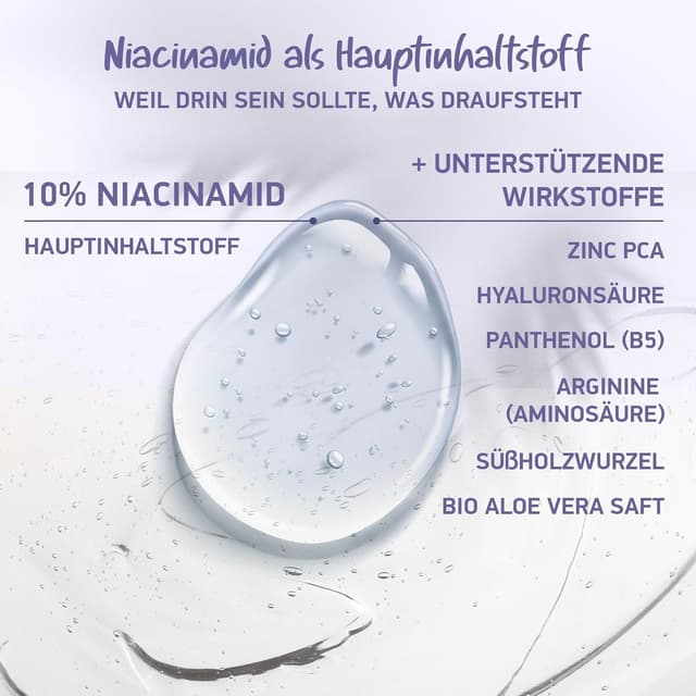 Detalle 2 de Bio Niacinamide Serum 10% von (10% Niacinamid + 1% Zink) mit Aloe Vera, Hyaluron & Vitamin B5