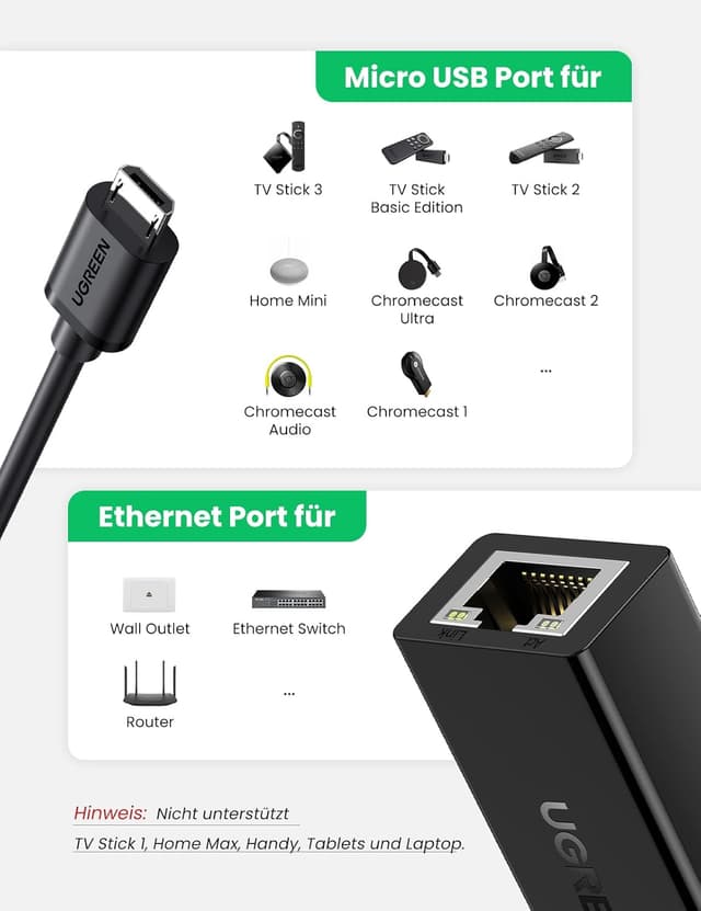 Detalle 2 de UGREEN Ethernet Adapter für Chromecast und TV Stick (Micro USB auf RJ45 LAN, USB 2.0 Stromversorgung)