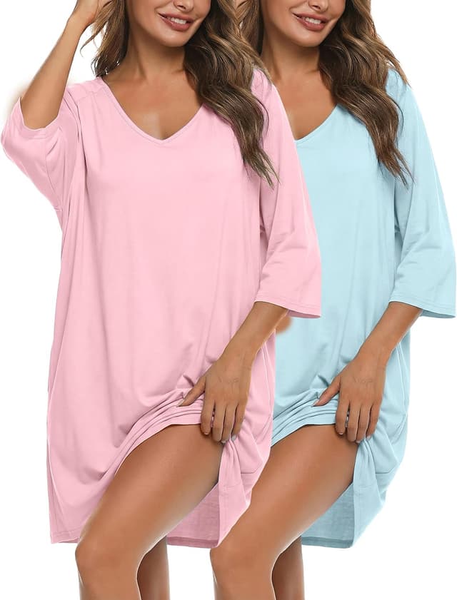 Detalle de Bresdk chemise de nuit femme oversize en coton à manches 3/4, col en V et poches (S à 3/4XL)