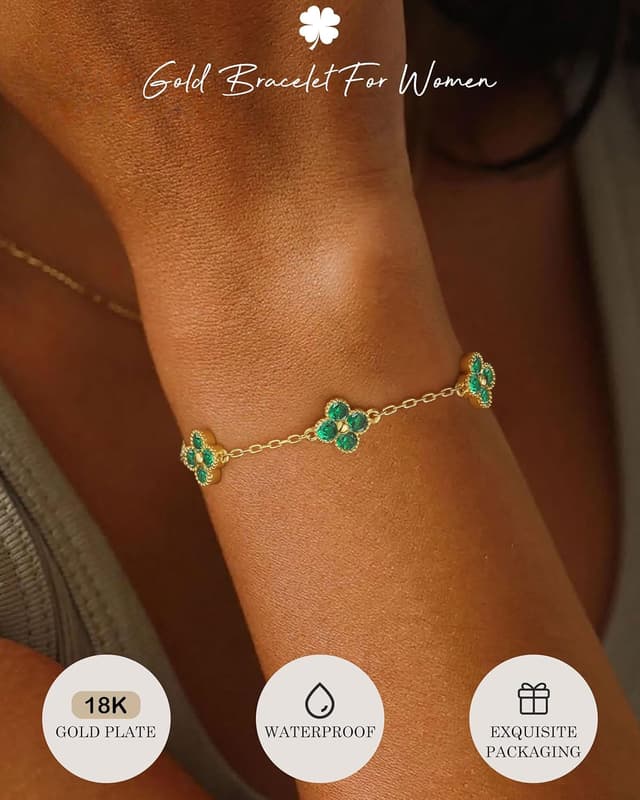 Detalle de ZNBOH Kleeblatt-Armband für Damen, 18K vergoldet, mit Geburtsstein und Zirkonia