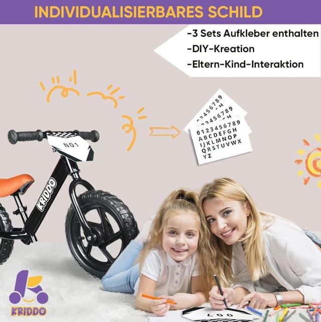 Detalle de KRIDDO Kinder Laufrad ab 2 Jahren mit 12-Zoll und individualisierbarem Schild