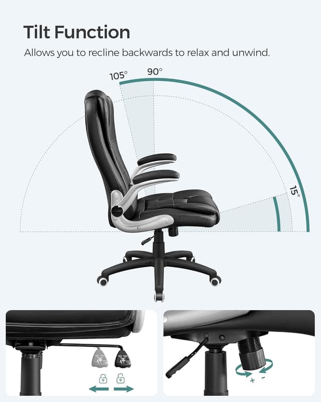 Detalle de SONGMICS Office Swivel Chair (PU OBG51BUK) with 76 cm high back and flip-up armrests