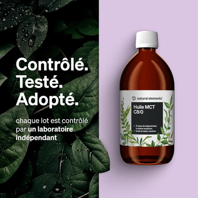 Detalle de Natural Elements Huile MCT (acide caprylique C8) 500 ml – goût et odeur neutres, végane