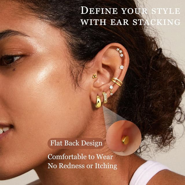 Detalle 2 de Roheafer 7 Paar Ohrringe-Set: 14K vergoldete Creolen & flache Ohrstecker aus 316L-Edelstahl für Damen
