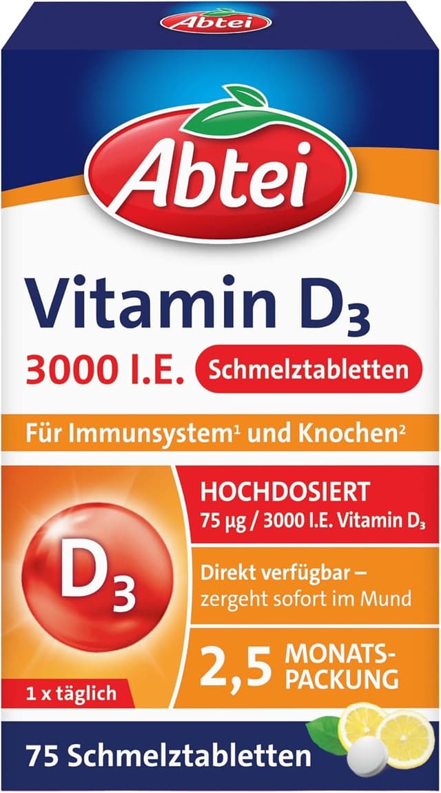 Detalle de Abtei Vitamin D3 3000 I.E. Schmelztabletten (75 Stück) – unterstützt Immunsystem und Knochen