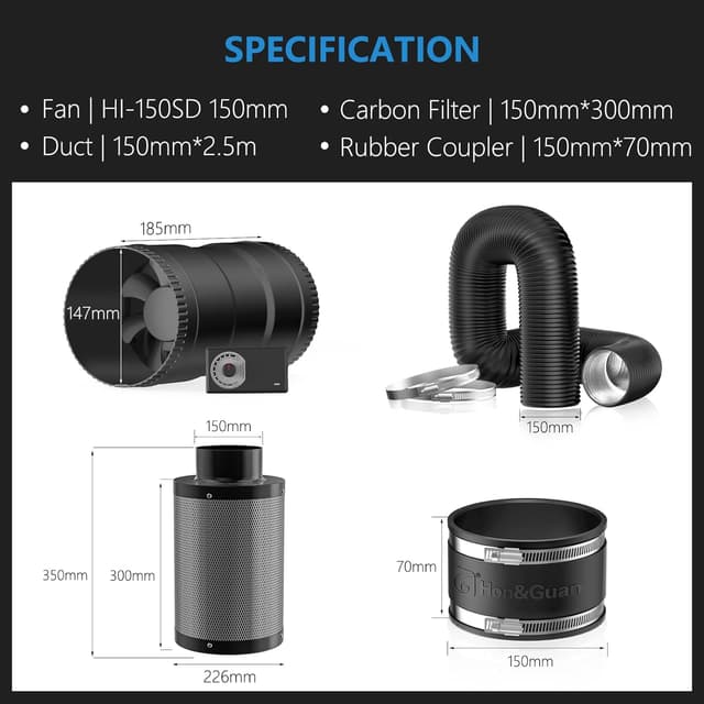 Detalle de Hon&Guan kit complet de ventilateur tubulaire en ligne 150 mm (587 m³/h) avec variateur et filtre à charbon actif