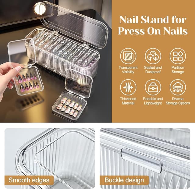 Detalle 2 de Inmorven Press On Nail Organiser Kit (14 clear cases + 1 big acrylic storage box + 60 double-sided tape strips)