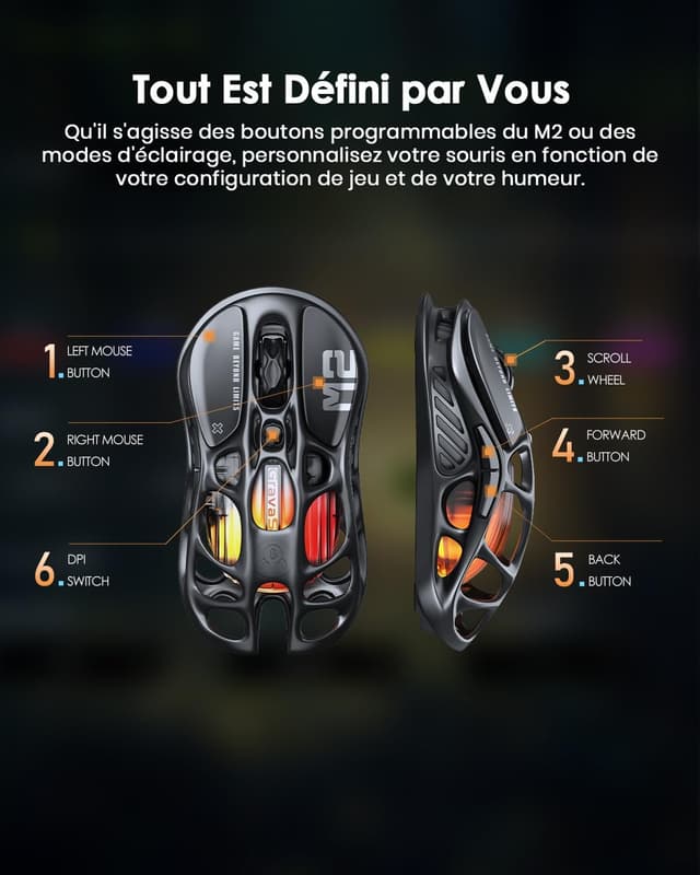 Detalle de GravaStar Mercury M2 – Souris MMO filaire/sans fil avec capteur optique 26 000 DPI, 5 boutons programmables et éclairage RVB Dynamic Lightsync