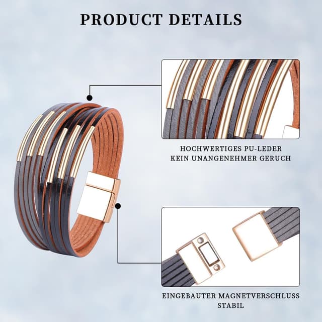 Detalle de VANSZA Wickelarmband im Boho-Stil: mehrlagiges Lederarmband mit Magnetverschluss