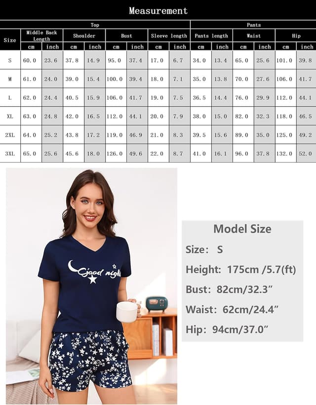 Detalle 2 de Pyjama femme court Litherday pour l’été en coton imprimé étoiles (manches courtes, col V)