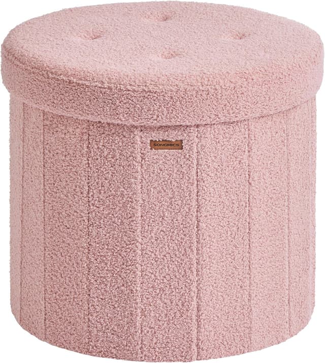 Detalle de SONGMICS MAZIE LSF606R01 pouf contenitore rotondo pieghevole rosa pastello, con coperchio e seduta in tessuto peluche