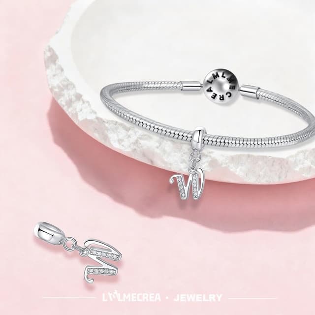 Detalle 2 de LMLMECREA Damen Initiale W Charm-Anhänger aus 925 Sterling Silber für europäische Armbänder