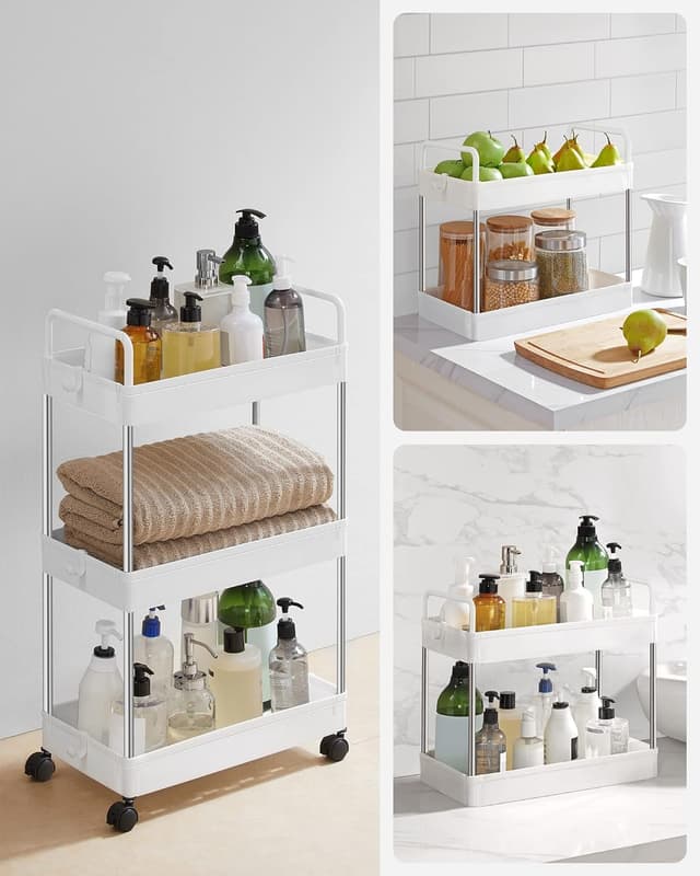 Thumbnail 6 de SONGMICS KSC019W01 carrello portaoggetti a 3 ripiani bianco con ruote e 6 ganci removibili