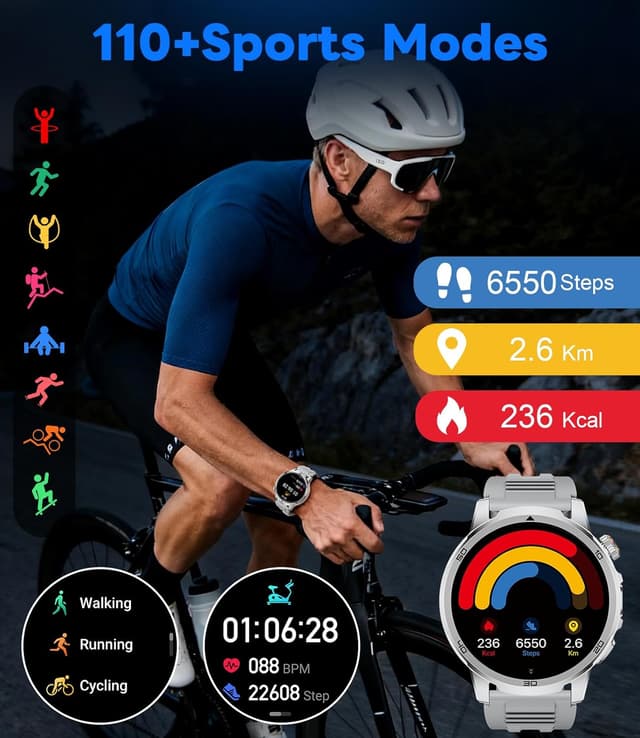 Detalle de Montre connectée homme 1,85" avec appels Bluetooth, cardio et sommeil, étanchéité IP68, torche LED 1000 mAh