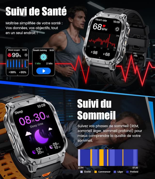 Thumbnail 6 de FitVigor Montre Connectée Homme noire 2,0" HD : écran large, 110+ modes sportifs et suivi santé