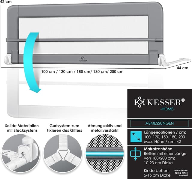 Thumbnail 6 de KESSER Bettgitter 200 cm – klappbar, tragbar, 42 cm hoch (Kinder- & Baby-Bettschutzgitter) in Hellgrau