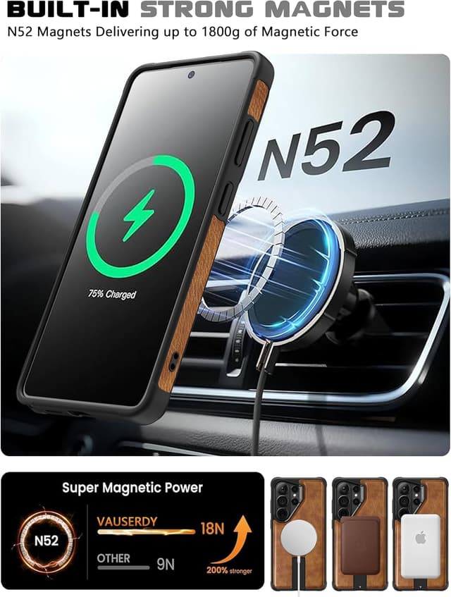 Detalle 2 de VAUSERDY Strong Magnetic Leather Case for Samsung Galaxy S26 Ultra (MagSafe, Kickstand, Shockproof) – Brown