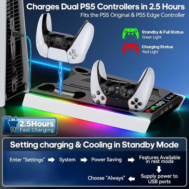 Detalle de Tokluck PS5/PS5 Pro/PS5 Slim Standfuß mit automatischem 3-stufigem Lüfter, Controller-Ladestation & LED-Lichtmodi