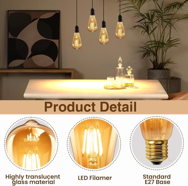 Detalle de Coppia lampadine LED vintage Edison E27 ST64 6W (equivalente 60W), vetro ambrato 2200K, non dimmerabili