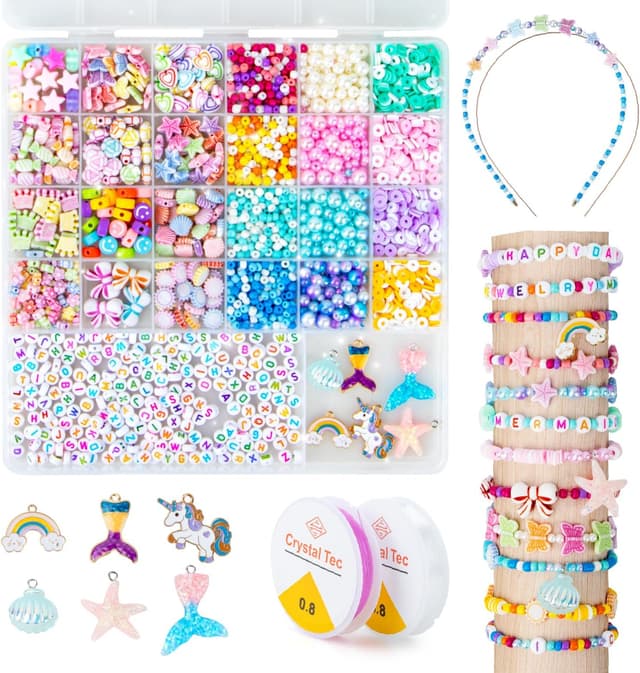 Detalle de snookids Perlen für Armbänder Bastelset für Kinder ab 6 Jahren – über 2.200 Perlen, elastische Kristallschnur & Box
