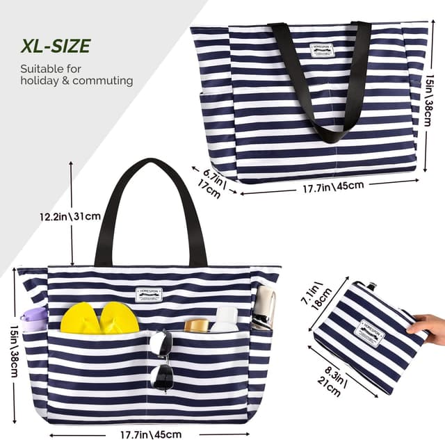 Detalle de HOMESPON Large Waterproof Beach Tote Bag (Blue Stripes) with Zip & Pockets, Foldable
