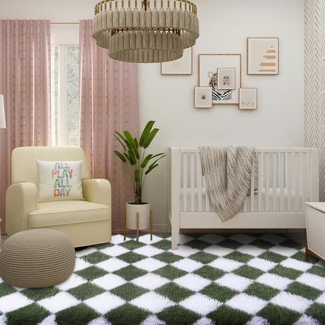 Thumbnail 6 de FVVRAX Checkered Shaggy Rug 200x300cm in Olive Green & White