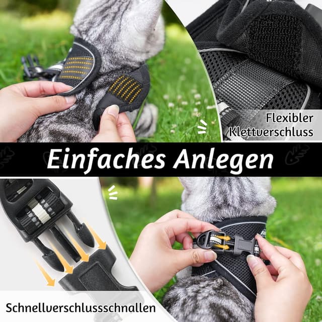 Detalle 2 de rabbitgoo Katzengeschirr mit Leine, ausbruchsicheres Kitten-Set (S) mit reflektierenden Streifen, Schwarz