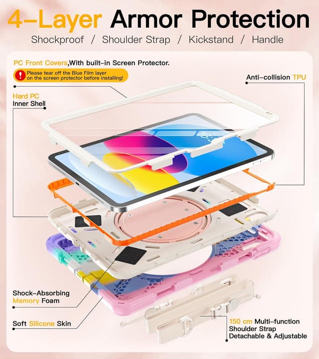 Detalle 2 de BRAECN Kids Case for iPad (A16) 11th/10th Generation, Rugged Silicone Cover with Screen Protector, Kickstand & Strap (Pink)