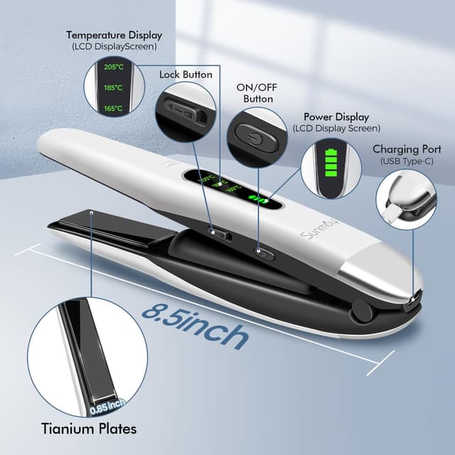 Detalle de SUNMAY Cordless Hair Straightener (2-in-1) — Portable Mini Flat Iron for Travel