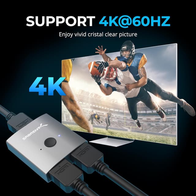 Detalle de SABRENT HDMI Switch 2-in-1 (DA-HSW2) for 4K 60Hz, Bi-Directional aluminium selector