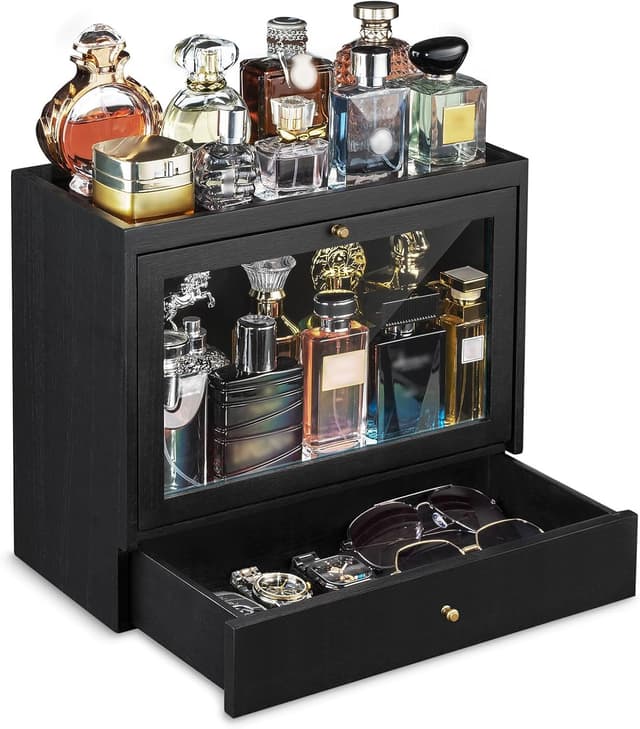 Detalle de Emfogoo Cologne Stand (Black) – Solid Wood 3-Tier Perfume Organiser with Drawer Storage