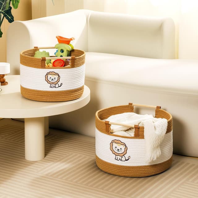 Detalle de Tidelit Baumwollseilkörbe für Kinder – gewebter Spielzeugkorb mit Holzgriffen, 17 l