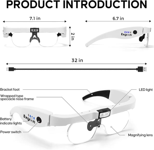 Detalle de Exgoon Magnifying Glasses with Light (1.5X to 5X) with 4 Detachable Lenses, Rechargeable Headband Magnifier – White