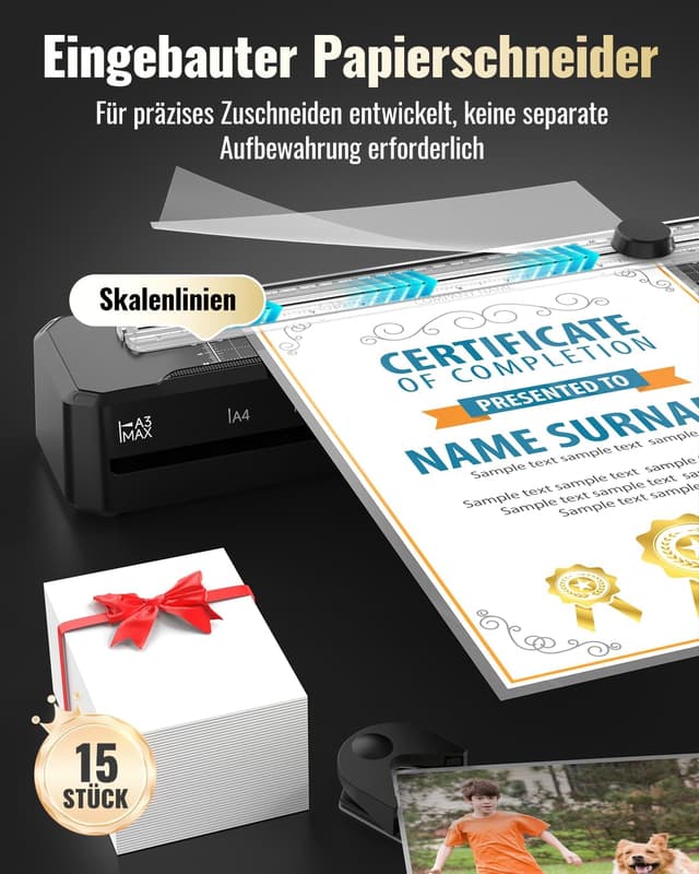 Detalle de Laminiergerät A3 für A3–A7 mit Papierschneider, Eckrunde und ABS-Anti-Stau – Heiß & Kalt