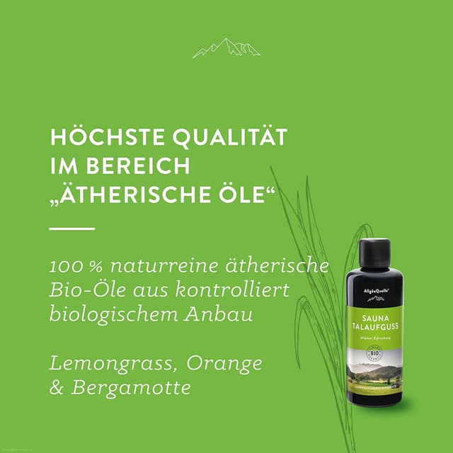 Detalle 2 de AllgäuQuelle® Saunaaufguss mit 100% Bio-Ölen „Erfrischung“ Lemongrass Orange Bergamotte, 100 ml