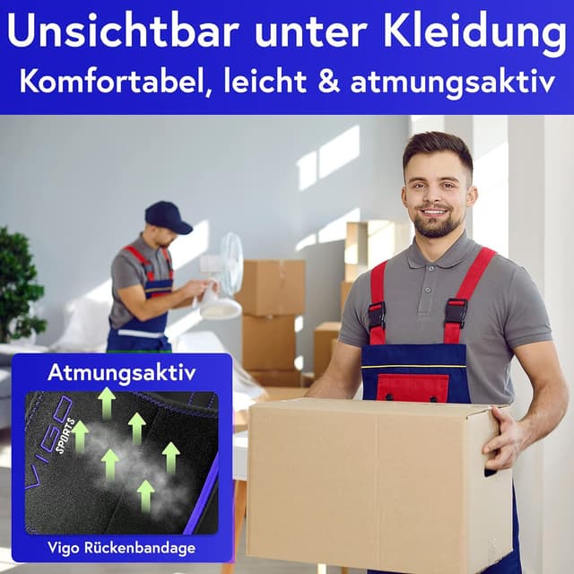 Detalle 2 de VIGO SPORTS Rückenbandage mit waschmaschinenfestem Lendenwirbelstütz-Gürtel (Anti-Schweiß) für Herren & Damen
