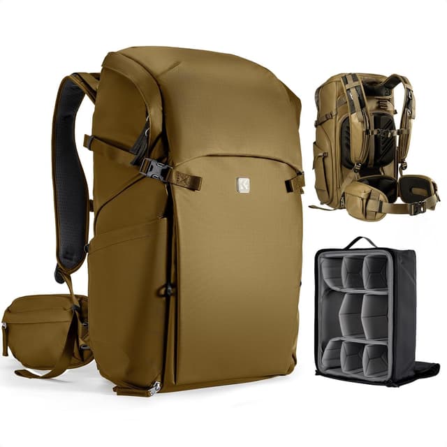 Detalle de K&F Concept Camera Backpack XL-Khaki (Large Capacity 30L) – waterproof DSLR camera bag with custom dividers