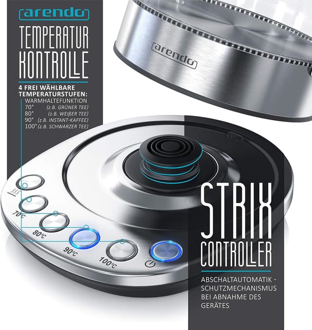 Detalle de Arendo Glas-Wasserkocher mit Temperatureinstellung und Warmhaltefunktion (1,5 l, 2200 W)