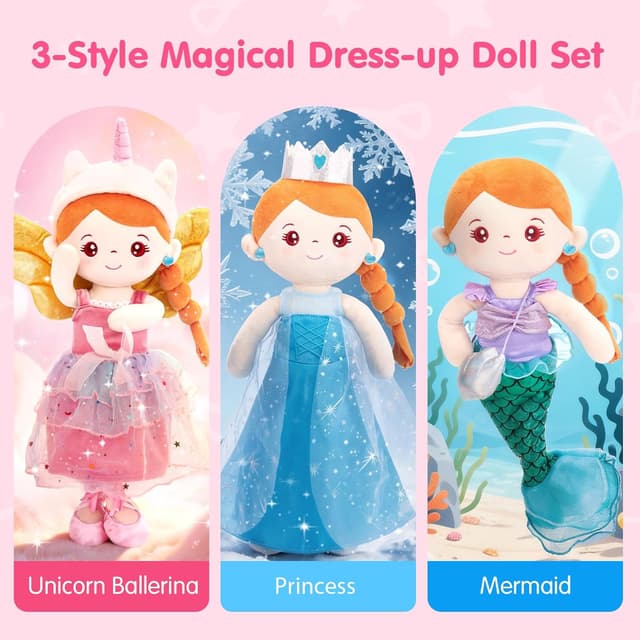 Detalle de Hahaland Dress Up Doll Playsets (Princess, Mermaid & Unicorn) with Plush Carry Bag