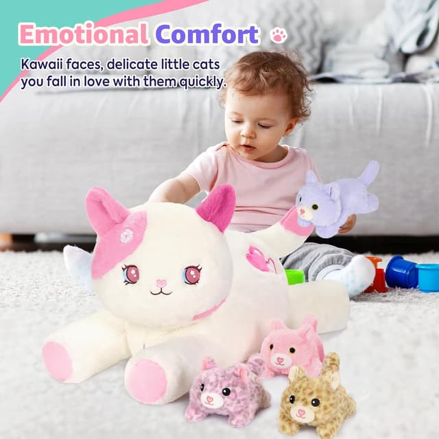 Detalle de shownicer Plüschtier Katzen-Familie: 5-teiliger Plüsch (Katze Mama + Vier Kätzchen) in Rosa