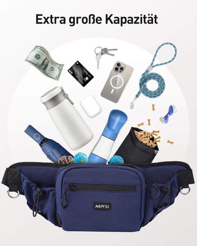 Detalle de AGPTEK Bauchtasche für Hunde mit Leckerli-Tasche, Kotbeutel-Spender und ausziehbaren Flaschenhaltern – Blau