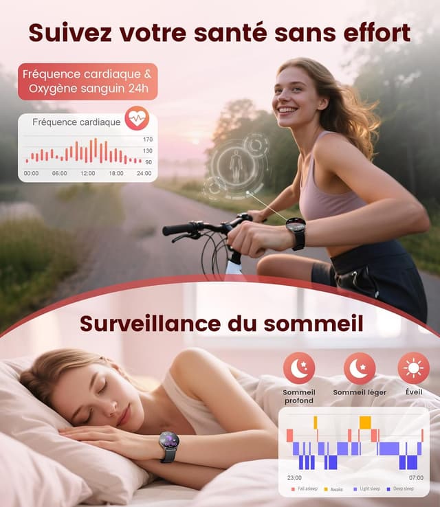 Detalle de LIGE Montre Connectée Femme 1,43" AMOLED (2 bracelets) : sport, appels et étanchéité IP68