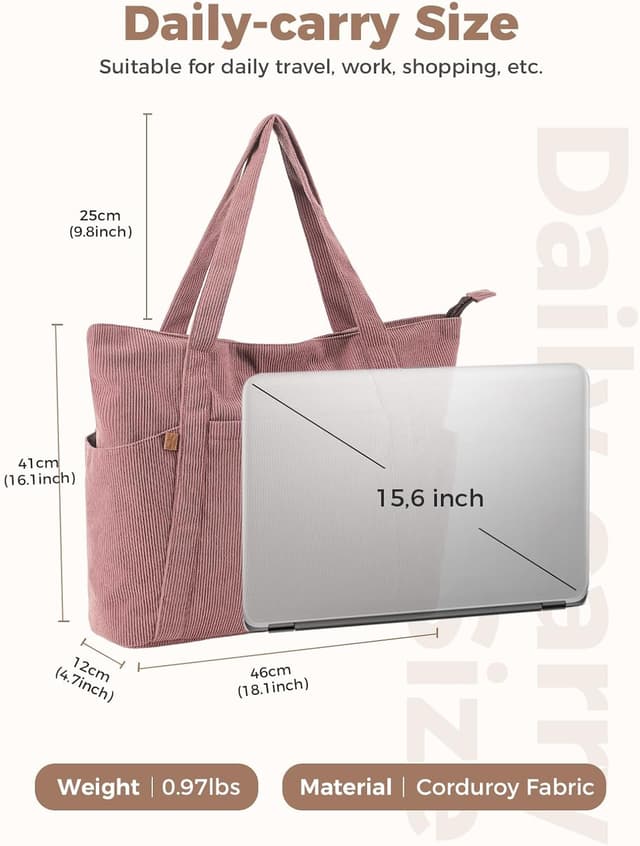 Detalle de Lekespring Cord Tasche Damen – große Tote Bag mit Reißverschluss und 15,6-Zoll-Laptopfach (Rosa)