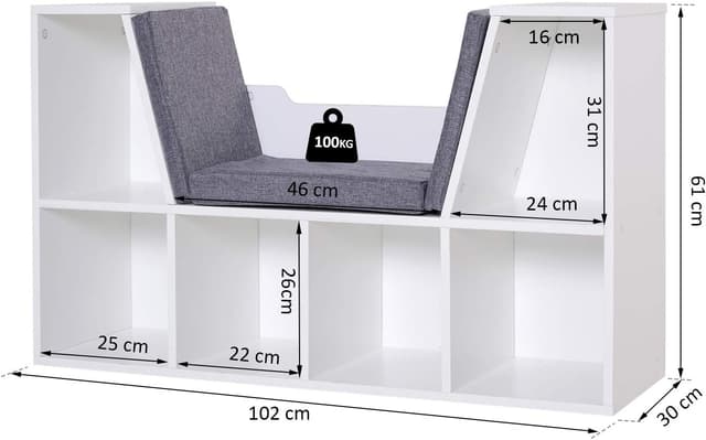 Detalle de HOMCOM bibliothèque-banc 2 en 1 avec coussins de siège et étagère cube 6 compartiments gris