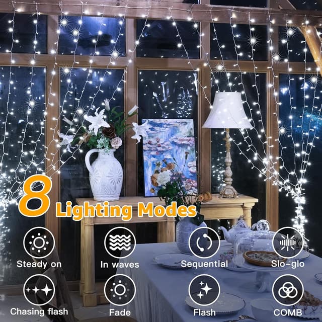 Detalle de Ollny Curtain Fairy Lights (300 LED, 3m x 3m waterfall) – mains powered with remote, timer & 8 modes