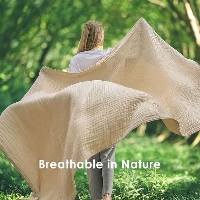 Detalle de EMME grande couverture en coton doux 230 x 230 cm pour lit Queen Size, toutes saisons, beige